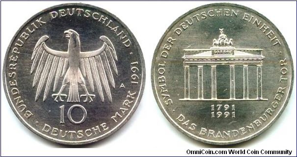 Germany, 10 mark 1991. German Unity - 200th Anniversary of Brandenburg Gate.