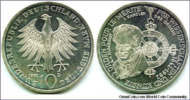 Germany, 10 mark 1992. 150th Anniversary of Civil Pour-le-Merite Order.