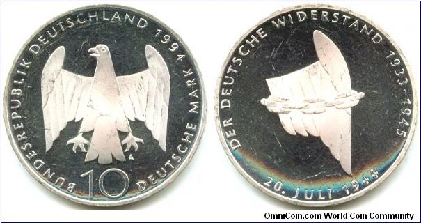 Germany, 10 mark 1994. 50th Anniversary - Attempt on Hitlers Life.