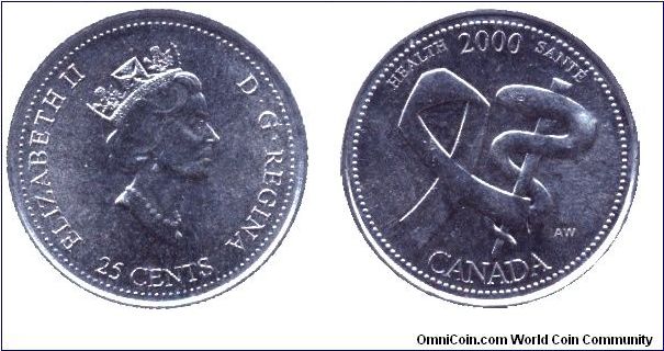 Canada, 25 cents, 2000, Ni, Health - 2000, Elizabeth II.
The April 2000 coin – Health – features the work of Anny Wassef of Beaconsfield, Quebec. The coin shows a ribbon on the left to represent any cause related to the world of medicine and, on the right, the caduceus that recalls the ongoing work in this field.                                                                                                                                                                                         