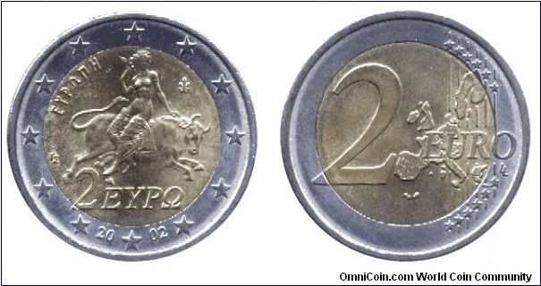 Greece, 2 euros, 2002, Cu-Ni-Ni-Brass, bi-metallic, Fragment of a mosaic from the 3rd century AD, where Zeus as a bull grabs Europa.                                                                                                                                                                                                                                                                                                                                                                                