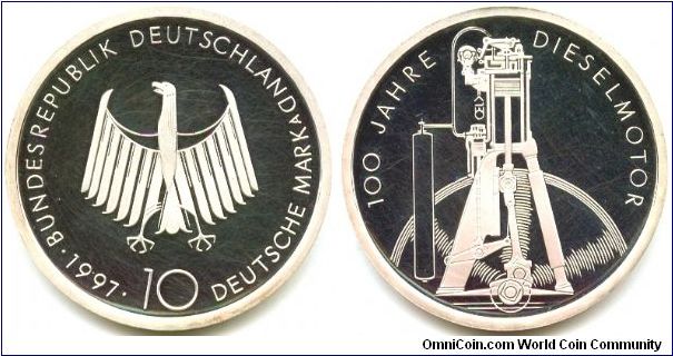 Germany, 10 mark 1997. 
Diesel Engine Centennial.