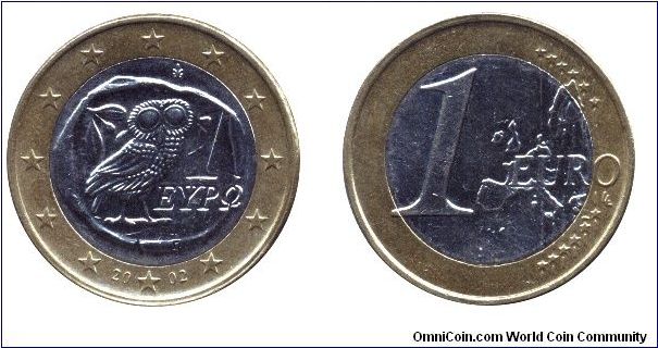 Greece, 1 euro, 2002, Ni-Brass-Cu-Ni, bi-metallic, Owl just as on the drachma coin from Athens, 5th century B.C.                                                                                                                                                                                                                                                                                                                                                                                                    