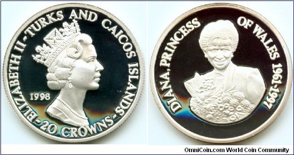 Turks & Caicos Isl., 20 crowns 1998.
Diana, Princess of Wales 1961-1997.
