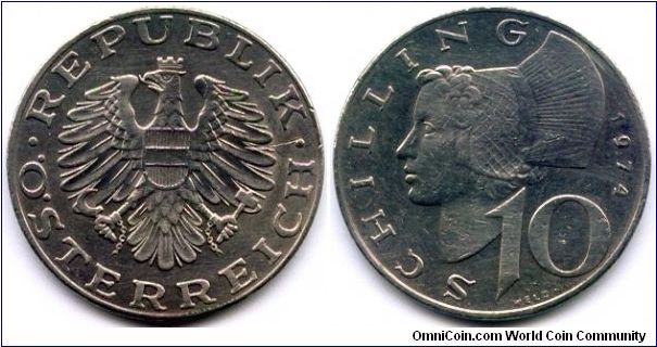 Austria, 10 schilling 1974.