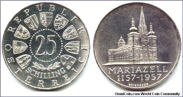 Austria, 25 schilling 1957. 8th Centennial - Mariazell Basilica.
