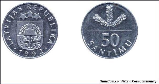 Latvia, 50 santim, 1992, Cu-Ni.                                                                                                                                                                                                                                                                                                                                                                                                                                                                                     