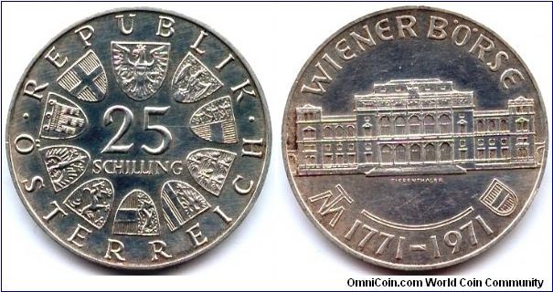 Austria, 25 schilling 1971. 200th Anniversary - Vienna Bourse.