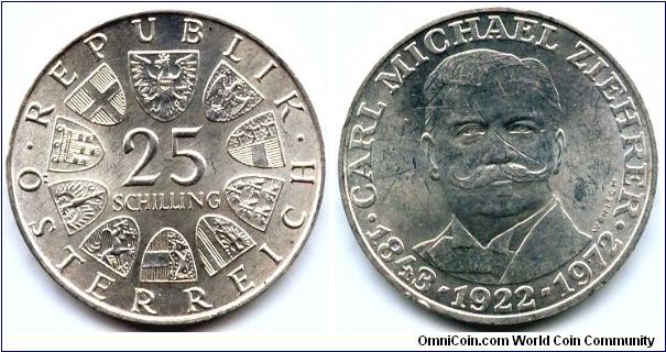 Austria, 25 schilling 1972. 50th Anniversary - Death of Carl M. Ziehrer.