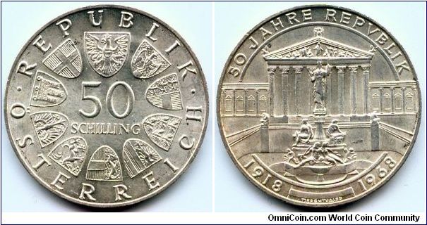 Austria, 50 schilling 1968. 50th Anniversary - The Republic.