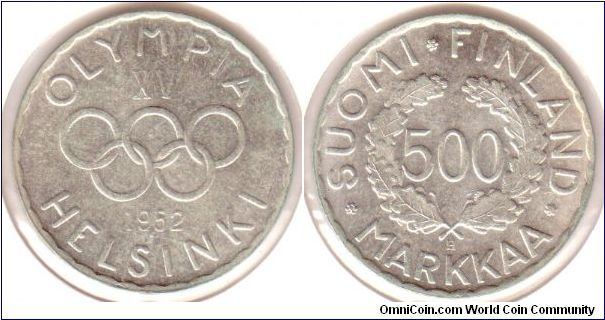 First modern Olympic commemorative and Finlands first ever commemorative. 500 markkaa. Designed by Aarre Aaltonen and Matti Visanti.