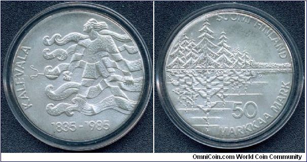 Coin of the Year in 1987 (World Coin News), this 50 markkaa commemorates the 150th anniversary of the publication of Finlands national epic, The Kalevala.