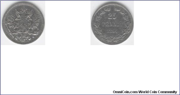 1894 Finland 25 Pennia (Silver)