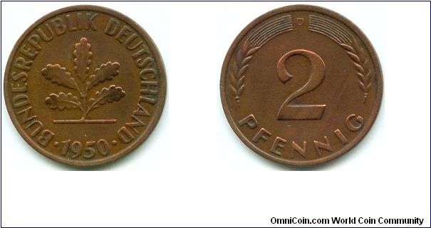 Germany, 2 pfennig 1950.