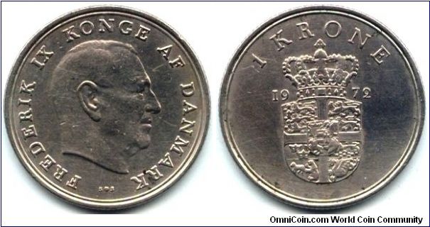 Denmark, 1 krone 1972.
King Frederik IX.
