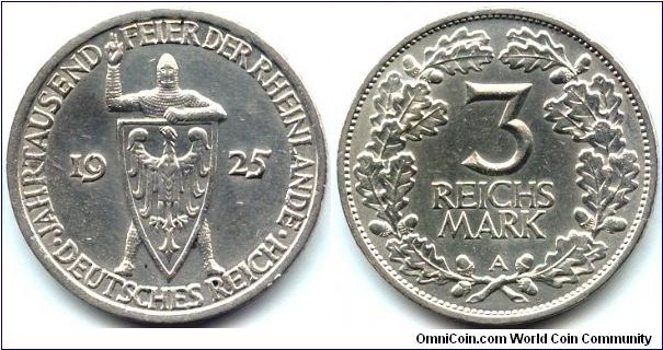 Germany, 3 reichsmark 1925.
1000th Year of the Rhineland.