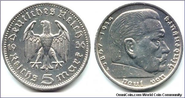 Germany, 5 reichsmark 1936.
Paul von Hindenburg.