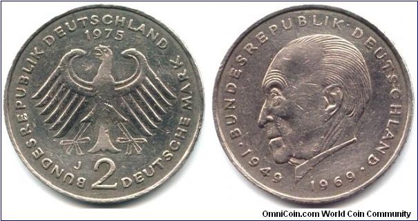 Germany, 2 mark 1975.
Konrad Adenauer. 20th Anniversary - Federal Republic (1949-1969).