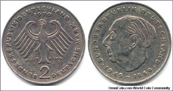 Germany, 2 mark 1970. 
Theodor Heuss. 20th Anniversary - Federal Republic (1949-1969).