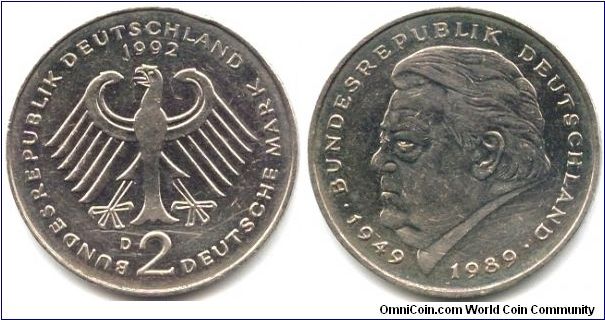 Germany, 2 mark 1992.
Franz Jozeph Strauss. 40th Anniversary - Federal Republic (1949-1989).