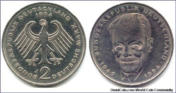 Germany, 2 mark 1994.
Willy Brandt. 45th Anniversary - Federal Republic (1949-1994).