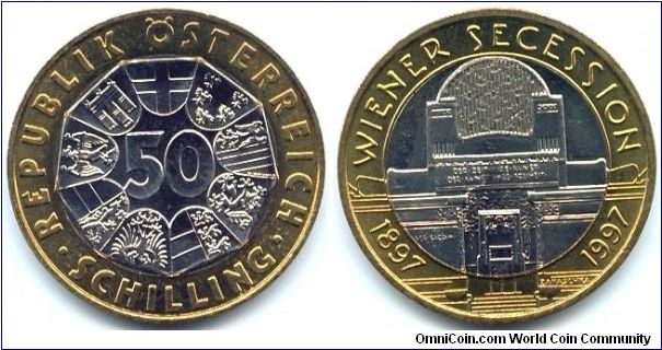 Austria, 50 schilling 1997. 100th Anniversary - Wiener Secession.