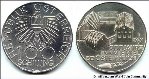 Austria, 100 schilling 1979. 200th Anniversary - Inn District.