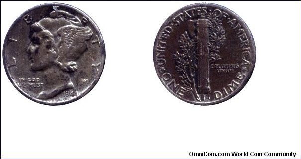 USA, 1 dime, 1944, Ag, Mercury head.                                                                                                                                                                                                                                                                                                                                                                                                                                                                                