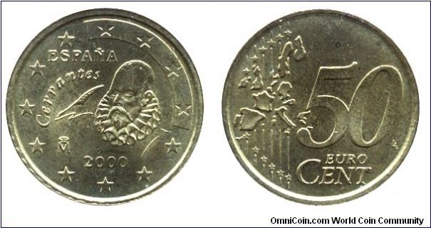 Spain, 50 euro cents, 2000, Cu-Al-Zn-Sn, Cervantes.                                                                                                                                                                                                                                                                                                                                                                                                                                                                 
