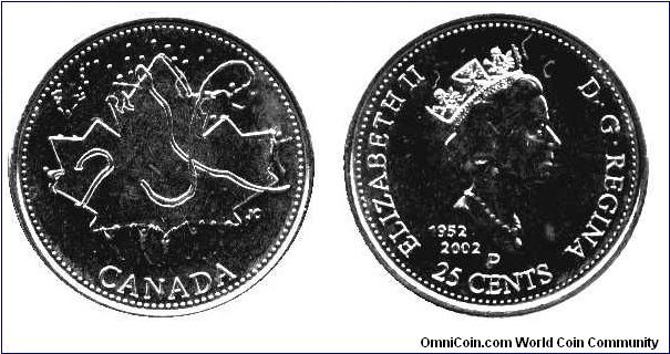 Canada, 25 cents, 2002, Ni, Eliabeth II, Stylized Maple Leaf                                                                                                                                                                                                                                                                                                                                                                                                                                                        