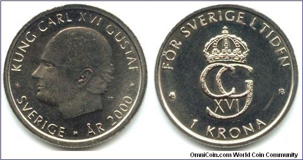 Sweden, 1 krona 2000.
King Carl XVI Gustaf.