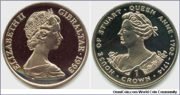 Gibraltar, 1 crown 1993.
Queen Anne 1702-1714.
40th Anniversary of the Coronation of Queen Elizabeth II.