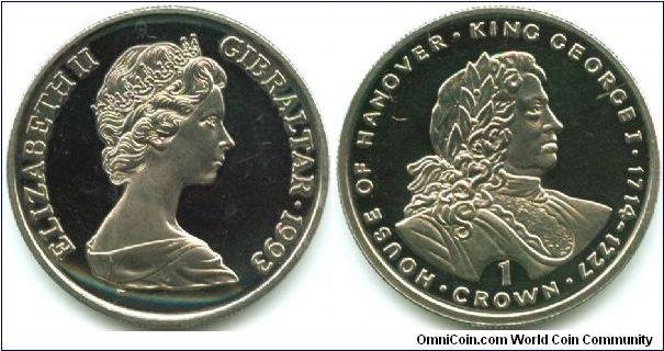 Gibraltar, 1 crown 1993.
King George I 1714-1727.
40th Anniversary of the Coronation of Queen Elizabeth II.