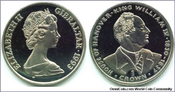 Gibraltar, 1 crown 1993.
King William IV 1830-1837.
40th Anniversary of the Coronation of Queen Elizabeth II.
