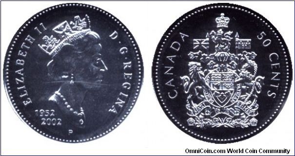 Canada, 50 cents, 2002, Ni-Steel, 50th anniversary of reign of Elizabeth II, Coat of Arms, Elizabeth II                                                                                                                                                                                                                                                                                                                                                                                                             