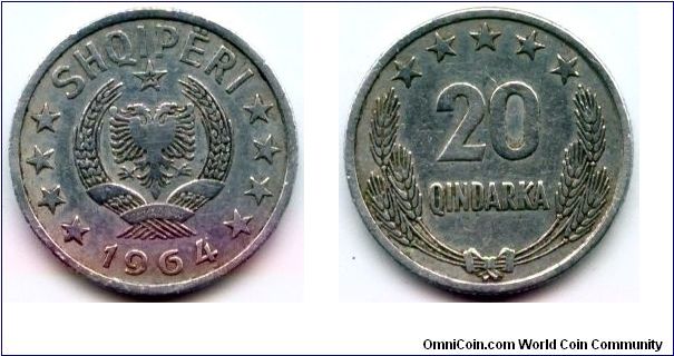 Albania, 20 qindarka 1964.