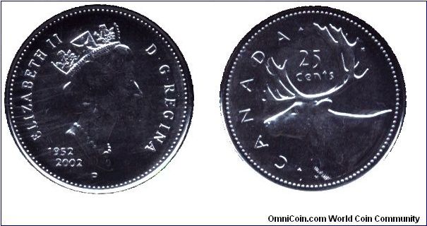 Canada, 25 cents, 2002, Ni-St, 50th anniversary of reign of Elizabeth II, Cariboo, Elizabeth II.                                                                                                                                                                                                                                                                                                                                                                                                                    