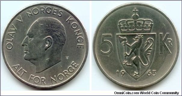 Norway, 5 kroner 1963.
King Olav V.