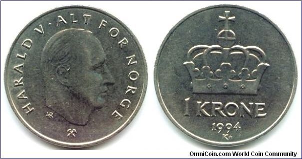 Norway, 1 krone 1994.
King Harald V.