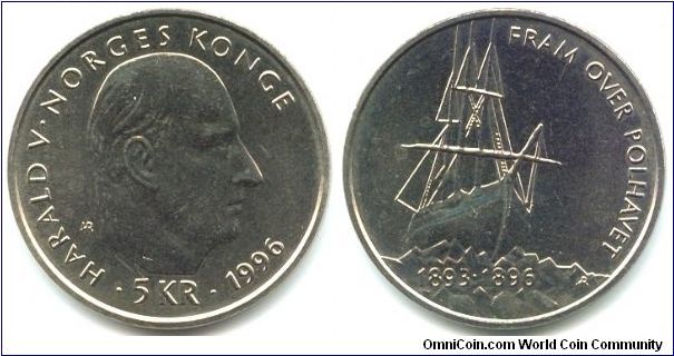 Norway, 5 kroner 1996.
King Harald V.
Centennial - Nansen's Return from the Arctic.