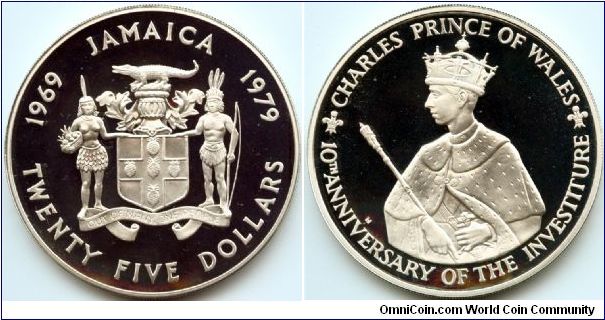 Jamaica, 25 dollars 1979.
10th Anniversary - Investiture of Prince Charles.
Ag 0.925, weight 136.08 g.