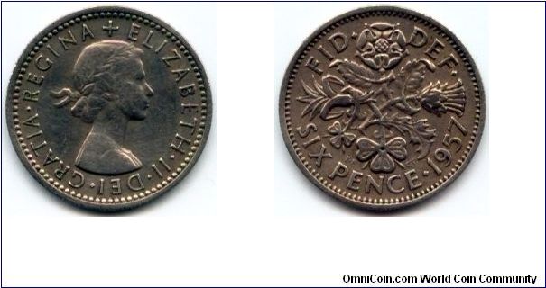 Great Britain, 6 pence 1957.
Queen Elizabeth II.