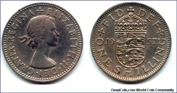 Great Britain, 1 shilling 1957.
Queen Elizabeth II. English Arms.