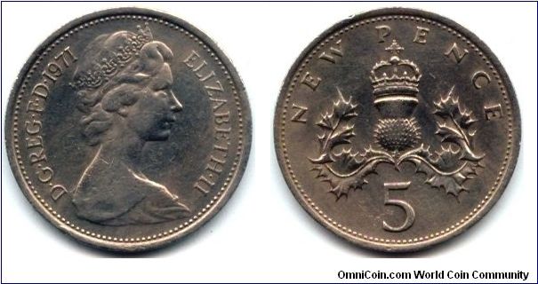 Great Britain, 5 new pence 1971.
Queen Elizabeth II.
