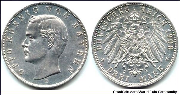 Bavaria, 3 mark 1909.
King Otto I.