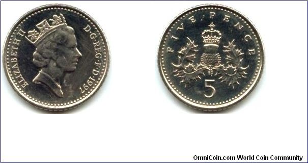 Great Britain, 5 pence 1997.
Queen Elizabeth II.