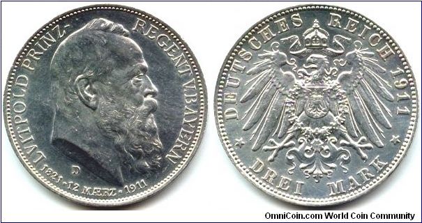 Bavaria, 3 mark 1911.
90th Birthday of Prince Regent Luitpold.