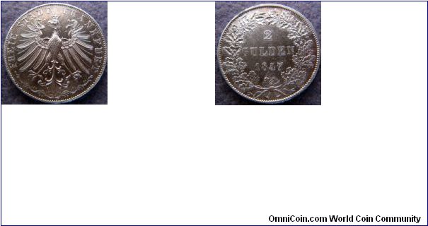 Frankfurt, 2 gulden, 1847, 21.2110g, .900 silver, .6138 ASW