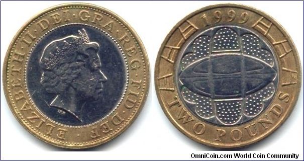 Great Britain, 2 pounds 1999.
Queen Elizabeth II. Rugby World Cup.