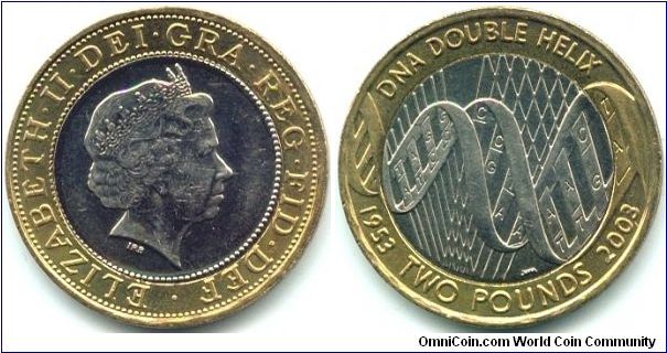 Great Britain, 2 pounds 2003. Queen Elizabeth II. 50th Anniversary - DNA Double Helix.